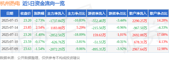 杭州热电（605011）7月15日主力资金净卖出173784万元(图1)